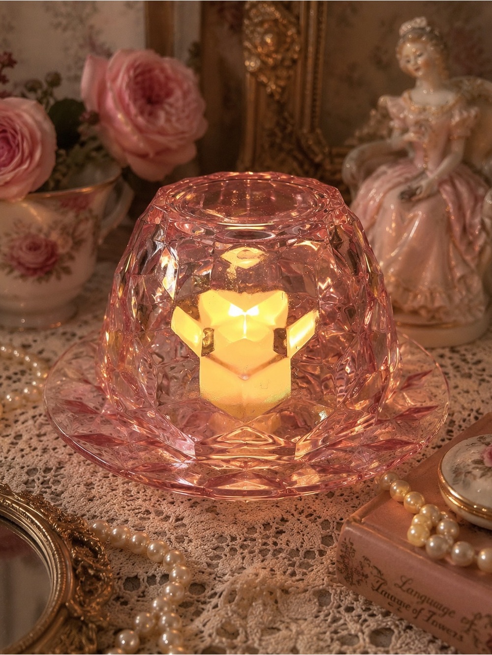 Pink Cubist Glass Fairy Lamp Vintage Dessert Bowl & Saucer Cottagecore